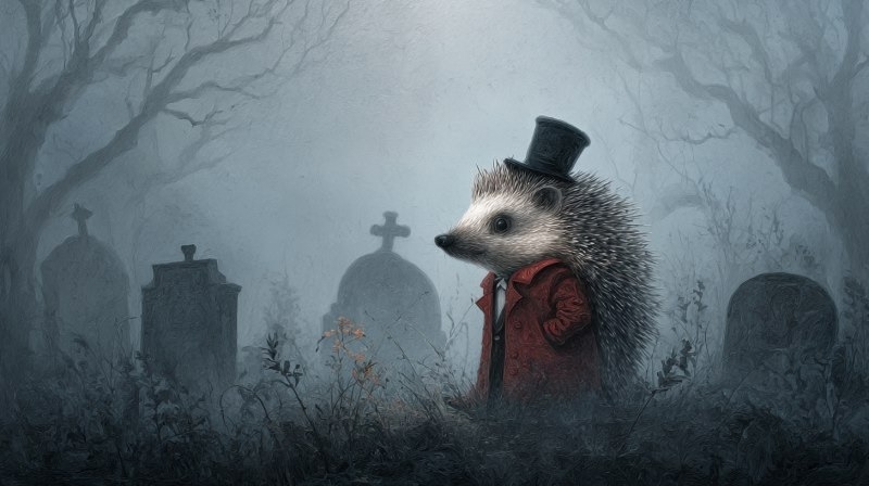 ежик на фоне кладбищенского тумана